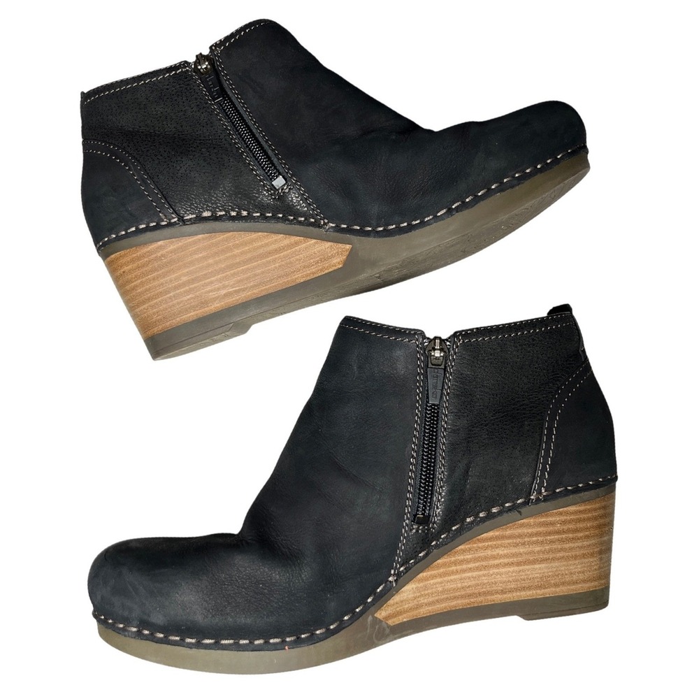 Comfort Wedge Ankle Booties Black Leather Dansko Side Zip Women 40‎